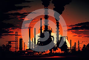 silhouettes of structures, pipes, oil storage tanks, pipelines of a petrochemical plant in the backlight of the sun at