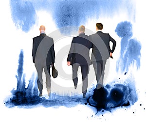 Silhouettes of successful business people working on meeting. Sketch with colourful water colour