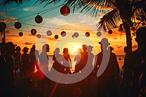 Silhouettes sway in a vibrant sunset at a tropical beach dance party, epitomizing summer joy.