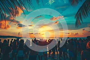 Silhouettes sway in a vibrant sunset at a tropical beach dance party, epitomizing summer joy.