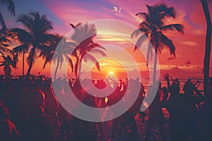 Silhouettes sway in a vibrant sunset at a tropical beach dance party, epitomizing summer joy.