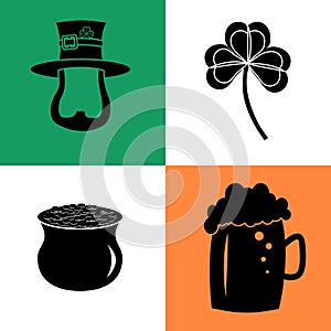 Silhouettes of symbols for St. Patrick`s Day on irish colors squares