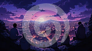 Silhouettes of teenagers on futuristic city in anime style. Top view