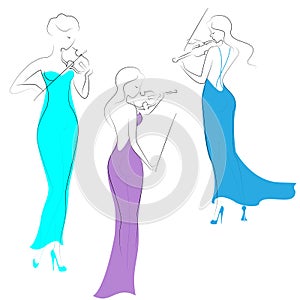 Silhouettes of three beautiful ladies in evening long dresses. Girls are slim and elegant. Women play violins, they are musicians