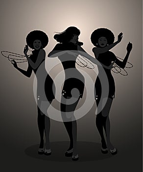 Silhouettes of three dancer and soul singer in the style of the sixties