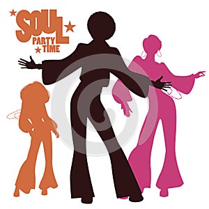 Silhouettes of three dancing soul, funk or disco.