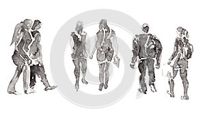 Silhouettes of three walking couples. Isolated on white. Hand drawn sketch with chinese ink on paper textures. Inkdrawn collection