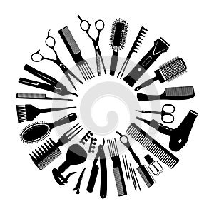 Silhouettes of tools for the hairdresser in a circle photo