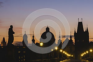 Silhouettes of towers and spires during sunrise in Prague, Czeck Republic