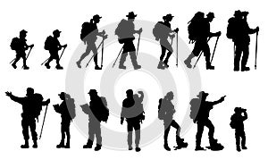 Silhouettes of travelers with backpacks set. hiking, trekking, backpacking photo