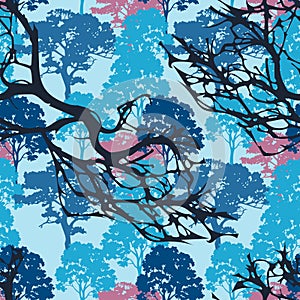 Silhouettes trees and branches seamless pattern on light background. Forest blue pink botanical design for home textiles