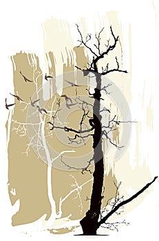 Silhouettes of trees and flying birds on a grunge background