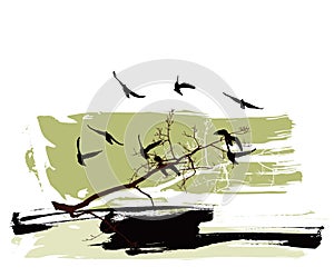 Silhouettes of trees and flying birds on a grunge background
