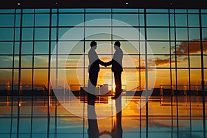 Silhouettes of two businessmen shaking hands in an office with sunset view