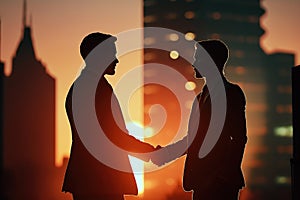 Silhouettes of two businessmen shaking hands at sunset.