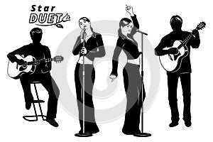 Silhouettes of Two Girls singing in duet and two musicians accompany them on acoustic guitars.
