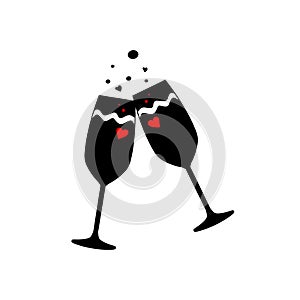 Silhouettes of two glasses of champagne on a white isolated background. Vector.