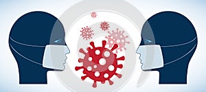 Silhouettes of two people in medical masks. Virus molecules. Virus protection concept, medical mask