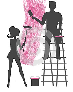 Silhouettes of two people painting a blank wall