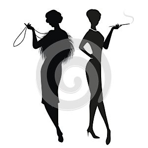 Silhouettes of two women in the retro style of the 50s or 60s isolated on white background