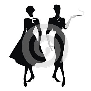 Silhouettes of two women in the retro style of the 50s or 60s isolated on white background