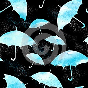 Silhouettes of umbrella on a black background, seasmless pattern