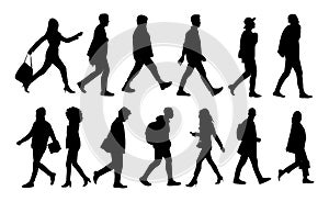 Silhouettes of Various people walking side view.