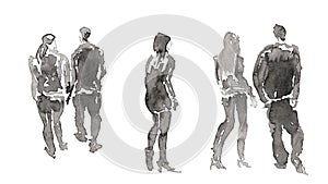 Silhouettes of walking couples and one girl. Isolated on white. Hand drawn sketch with chinese ink on paper textures. Inkdrawn