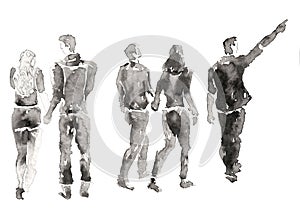 Silhouettes of walking couples and one man showing up. Isolated on white. Hand drawn sketch with chinese ink on paper textures.