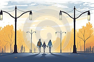 silhouettes walking with linked arms under streetlights