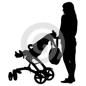 Silhouettes walkings mothers with baby strollers