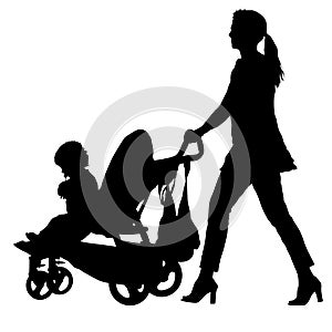 Silhouettes walkings mothers with baby strollers on white background