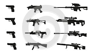 Silhouettes of weapons. A large set of modern and not only small arms in vector