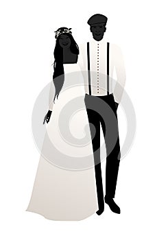 Silhouettes of wedding couple, wearing bohemian or hipster style wedding clothes, isolated on white background