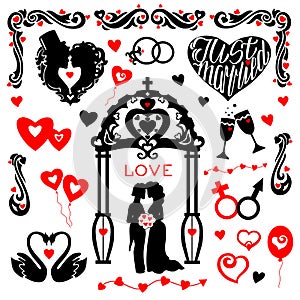 Silhouettes of wedding paraphernalia on an isolated background