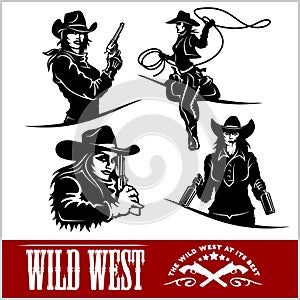 Silhouettes of Western Cowgirls. Vector Illustration