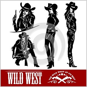 Silhouettes of Western Cowgirls. Vector Illustration