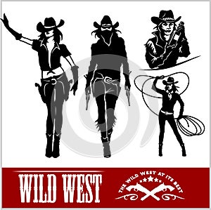 Silhouettes of Western Cowgirls. Vector Illustration