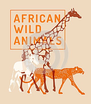 Silhouettes of wild African animals. Giraffe, gazelle, cheetah.