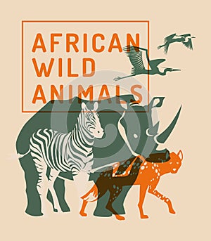 Silhouettes of wild African animals. Hyena, rhinoceros, zebra, heron. photo