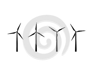 Silhouettes of wind turbines icon set. Wind farm energy sign. Green electricity. Offshore. Vector on isolated white background.