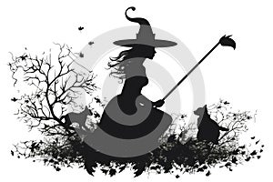 Silhouettes Of Witch On Broom On White Background, Halloween. Generative AI