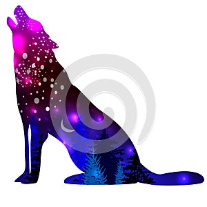 Silhouettes of Wolf with space galaxy background effect