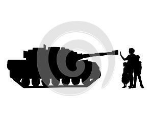 Silhouettes of woman with children stops the tank. Stop war.