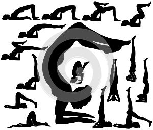 Silhouettes of woman in upturned yoga poses.