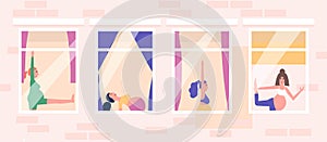 silhouettes of women in windows doing yoga. Yoga for pregnant women. Collection of active sports mothers for workout