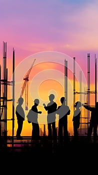 silhouettes of workers on the construction site. illustration for cover site or book, ai generative