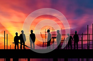 silhouettes of workers on the construction site. illustration for cover site or book, ai generative