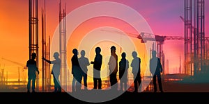 silhouettes of workers on the construction site. illustration for cover site or book, ai generative