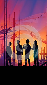 silhouettes of workers on the construction site. illustration for cover site or book, ai generative